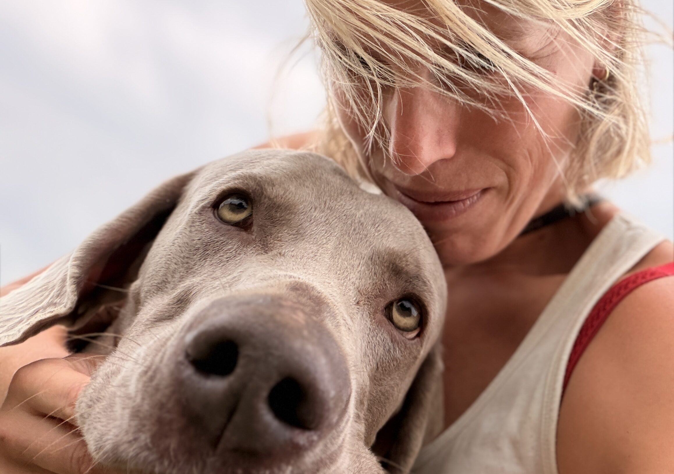 Helena knuffelt een hond op de speelweide van Hof Daalder